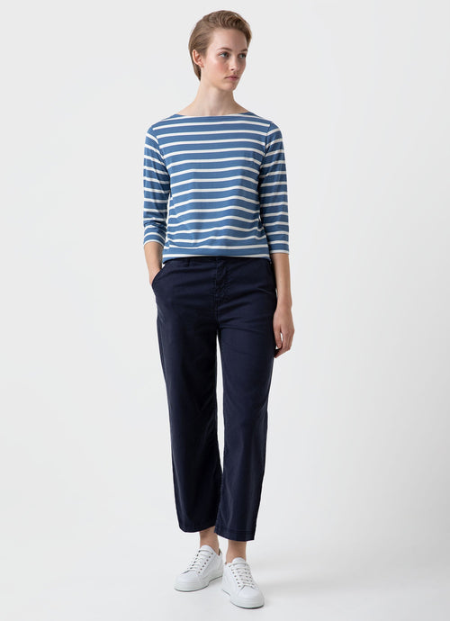 Womens 3 4 Sleeve Boat Neck T Shirt In Bluestone Ecru Breton Stripe Wtsh0003Brs Stkj